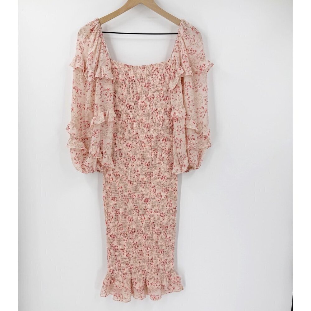 Petal  & Pup Leia Floral Midi Dress US 2 Pink Smocked Tea Length Spring Feminine